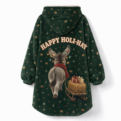 Jingle All The Hay Donkey Christmas Hoodie Blanket – Adult & Kids Cute Donkey Sherpa Wearable Blanket, Green, Holiday Gift