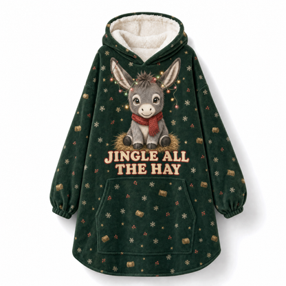 Jingle All The Hay Donkey Christmas Hoodie Blanket – Adult & Kids Cute Donkey Sherpa Wearable Blanket, Green, Holiday Gift