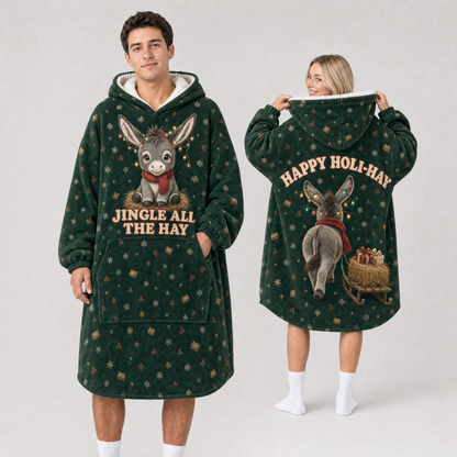 Jingle All The Hay Donkey Christmas Hoodie Blanket – Adult & Kids Cute Donkey Sherpa Wearable Blanket, Green, Holiday Gift