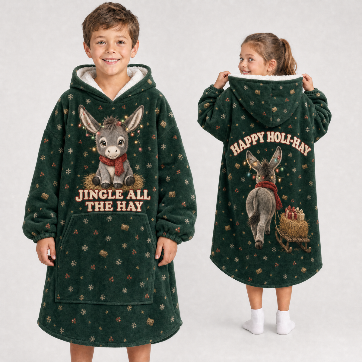Jingle All The Hay Donkey Christmas Hoodie Blanket – Adult & Kids Cute Donkey Sherpa Wearable Blanket, Green, Holiday Gift