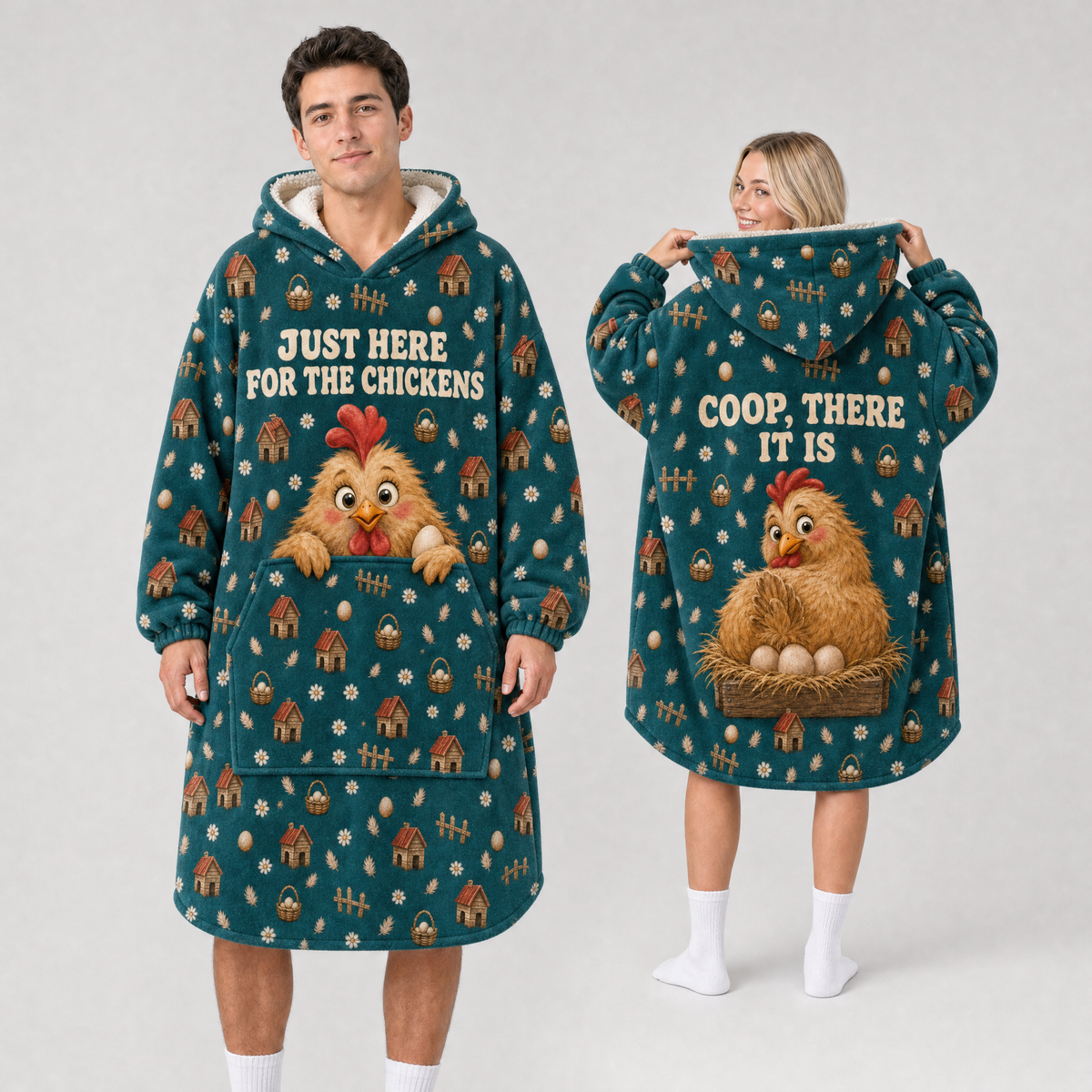 Just Here For The Chickens Hoodie Blanket – Coop There It Is, Sherpa Lined, Adult & Kids