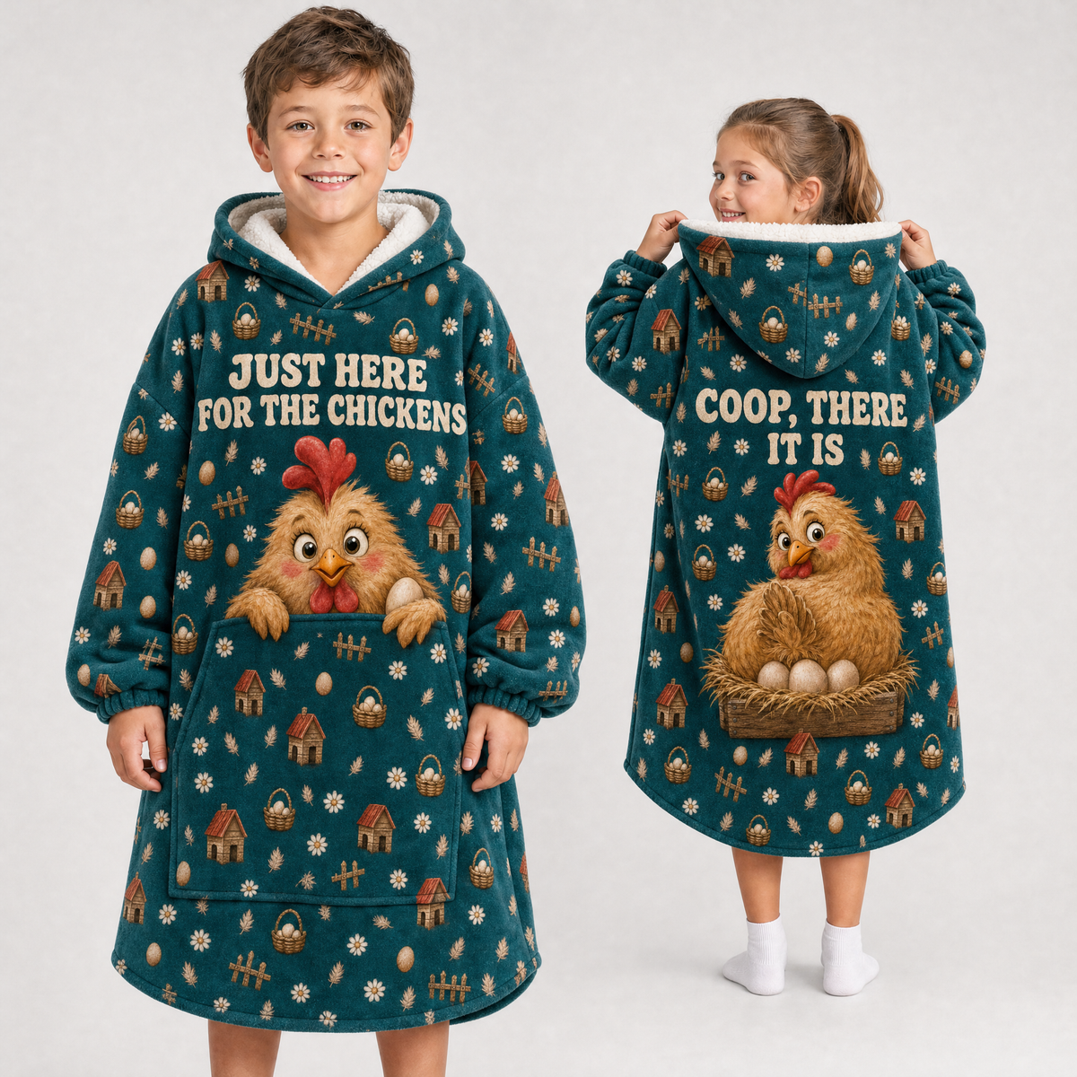Just Here For The Chickens Hoodie Blanket – Coop There It Is, Sherpa Lined, Adult & Kids