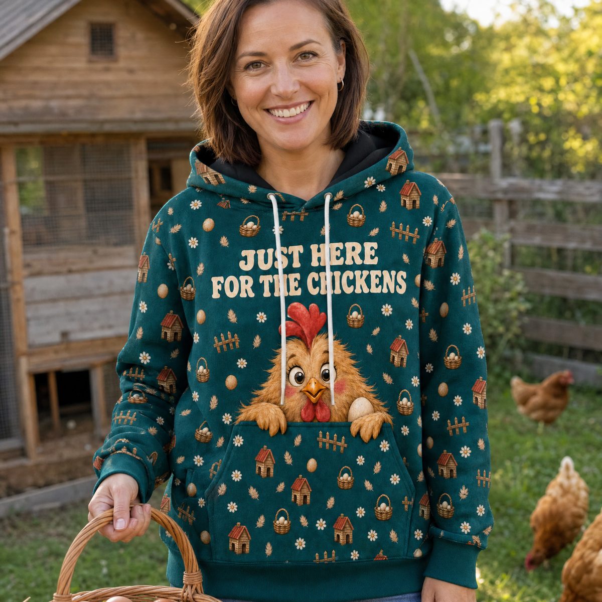 Just Here For The Chickens Hoodie – Coop There It Is Back Print, Funny Chicken Lover Gift, Unisex