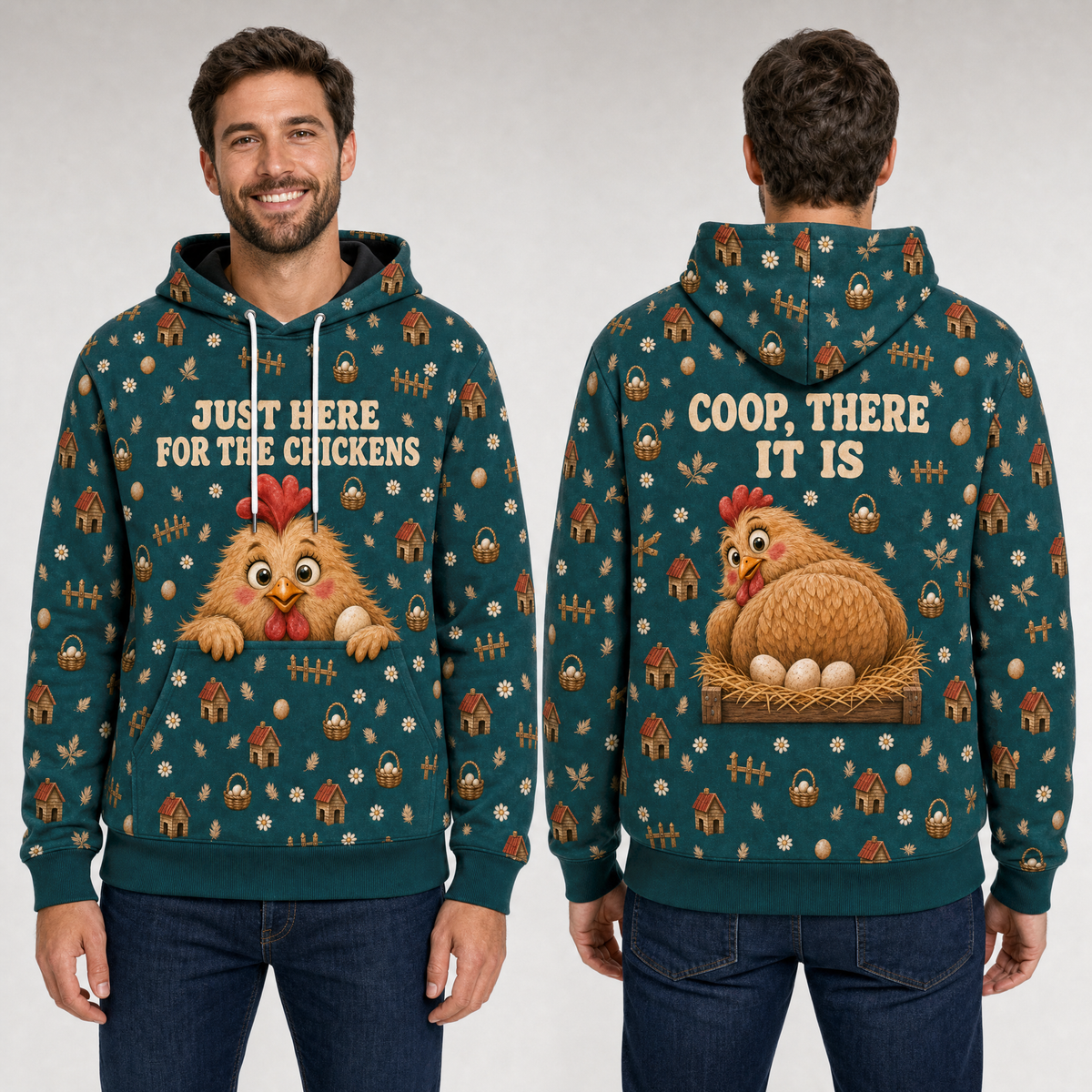 Just Here For The Chickens Hoodie – Coop There It Is Back Print, Funny Chicken Lover Gift, Unisex