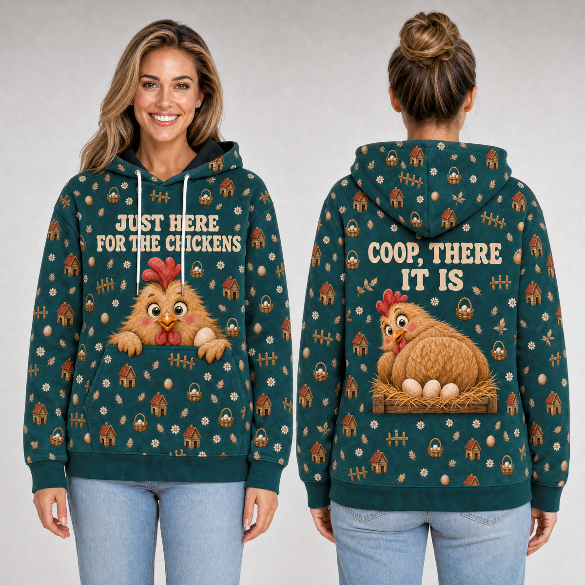 Just Here For The Chickens Hoodie – Coop There It Is Back Print, Funny Chicken Lover Gift, Unisex
