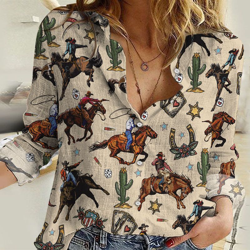 Women's Cowgirl Casual Shirt - Rodeo Cowboy Horse Cactus Print Blouse Vintage Western Long Sleeve Top for Rodeo Cowgirl Country Girl