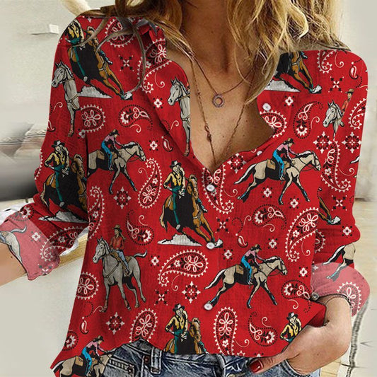 Women's Casual Shirt Cowgirl Rodeo Paisley Button Up – Long Sleeve Red Blouse