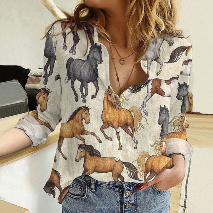 Wild Horse Women's Casual Shirt — Watercolor Running Horse All-Over Print Beige
