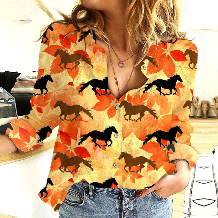 Women's Casual Shirt Horse Print Button Up – Long Sleeve Orange Autumn Blouse