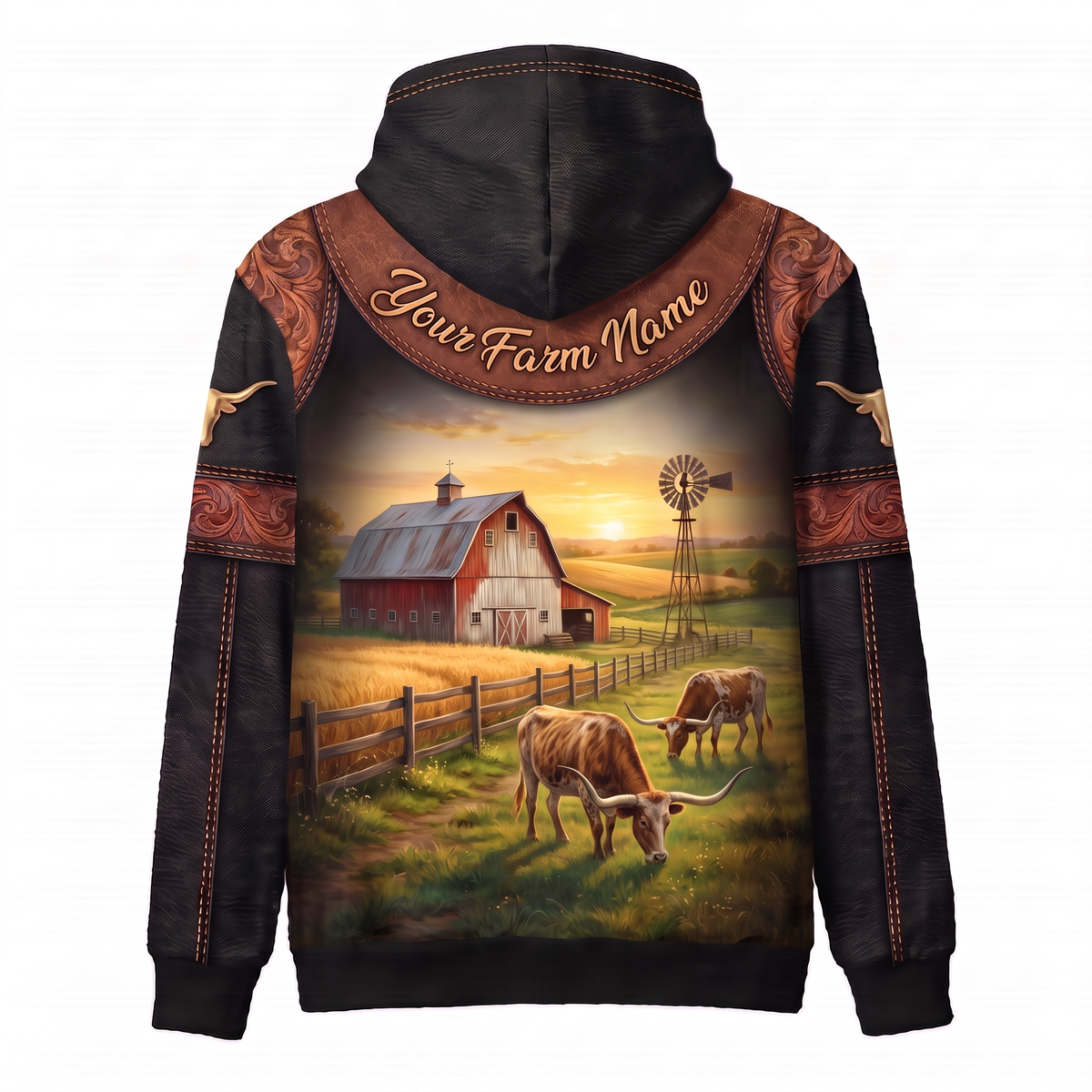 3D Print Texas Longhorn Ranch Hoodie (Faux Leather Design) - Custom Name & Farm Name Western Style Hoodie