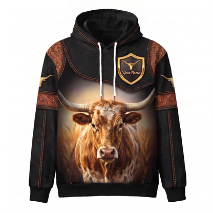 3D Print Texas Longhorn Ranch Hoodie (Faux Leather Design) - Custom Name & Farm Name Western Style Hoodie