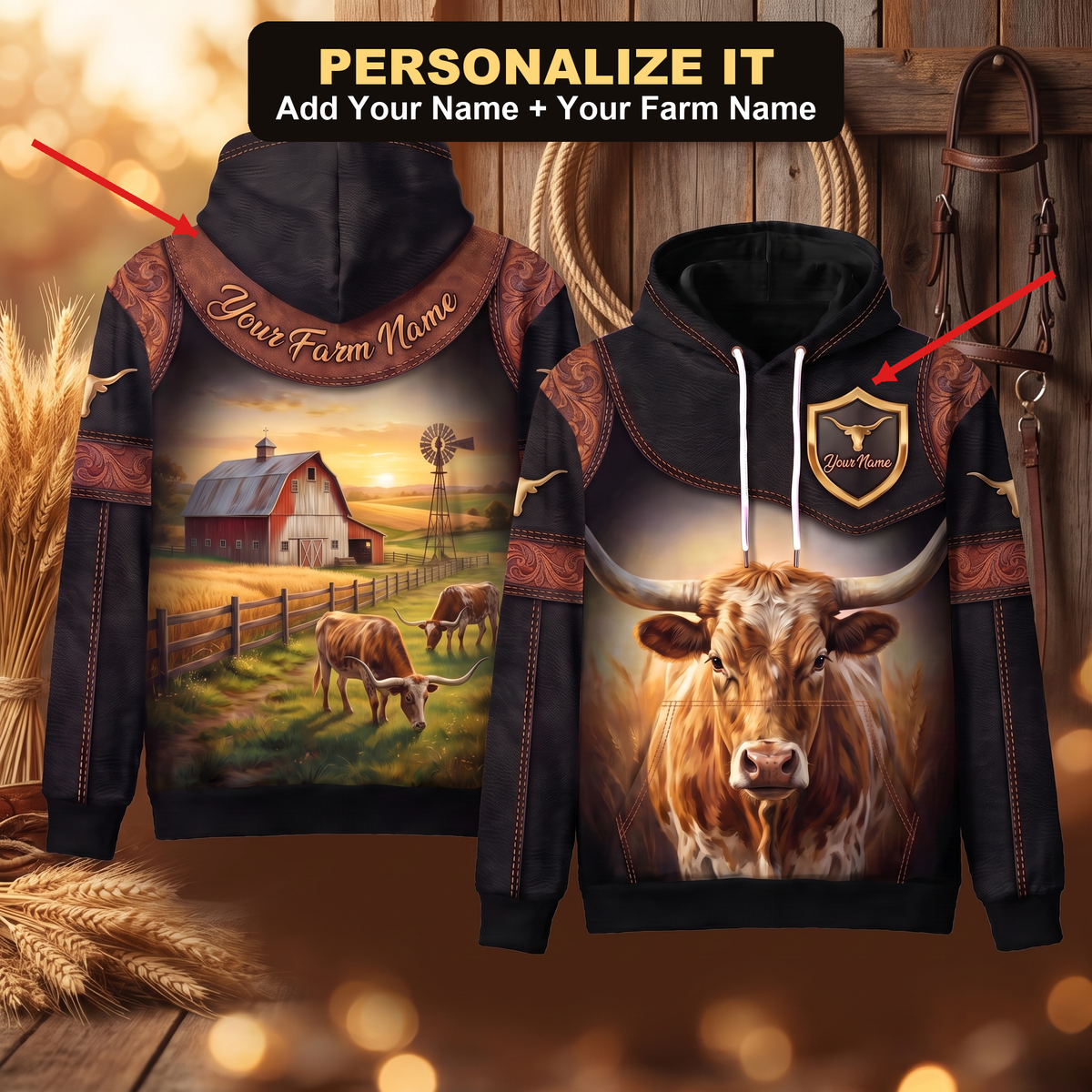 3D Print Texas Longhorn Ranch Hoodie (Faux Leather Design) - Custom Name & Farm Name Western Style Hoodie