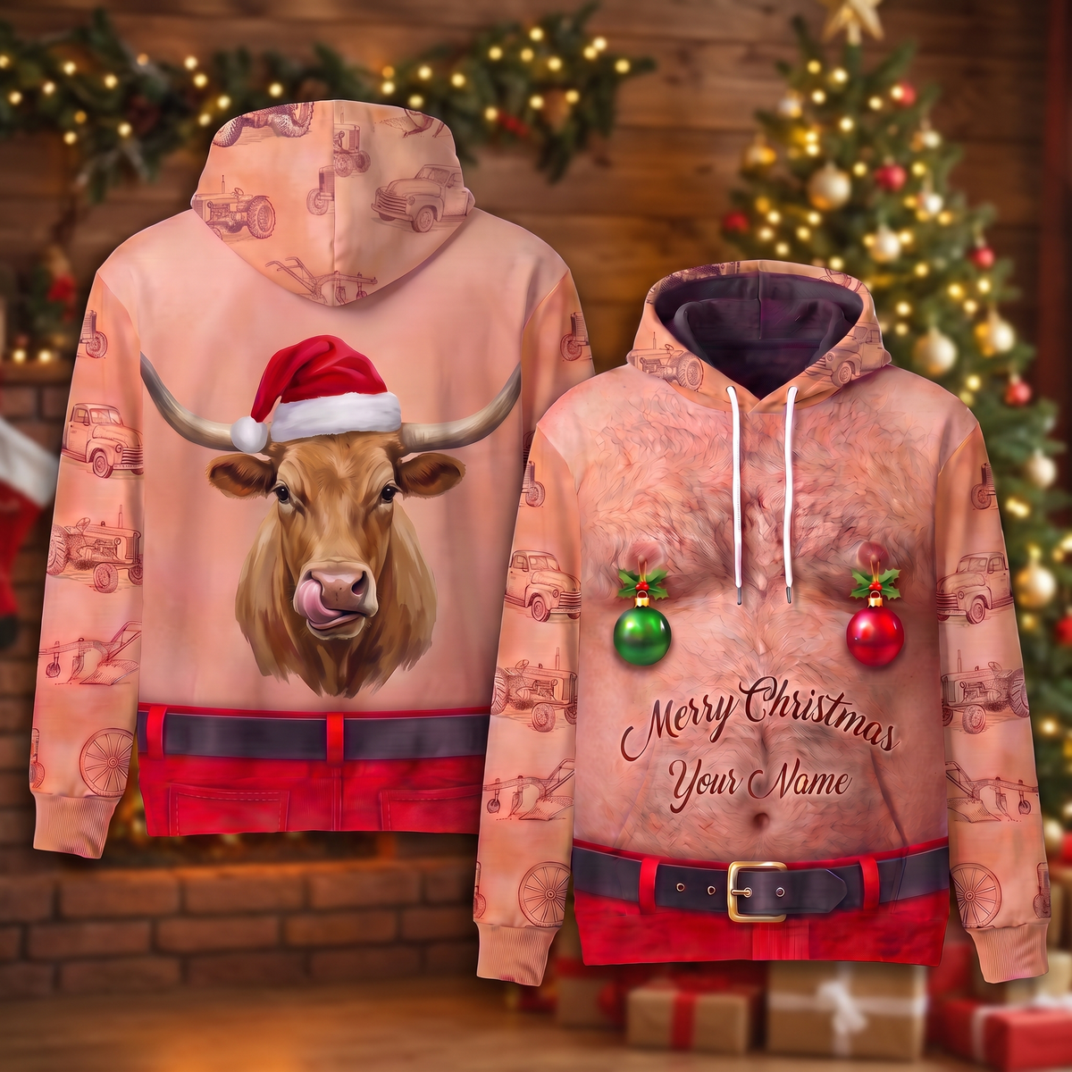 Funny Santa Texas Longhorn Hairy Belly Hoodie - Custom Name Cow Christmas Hoodie