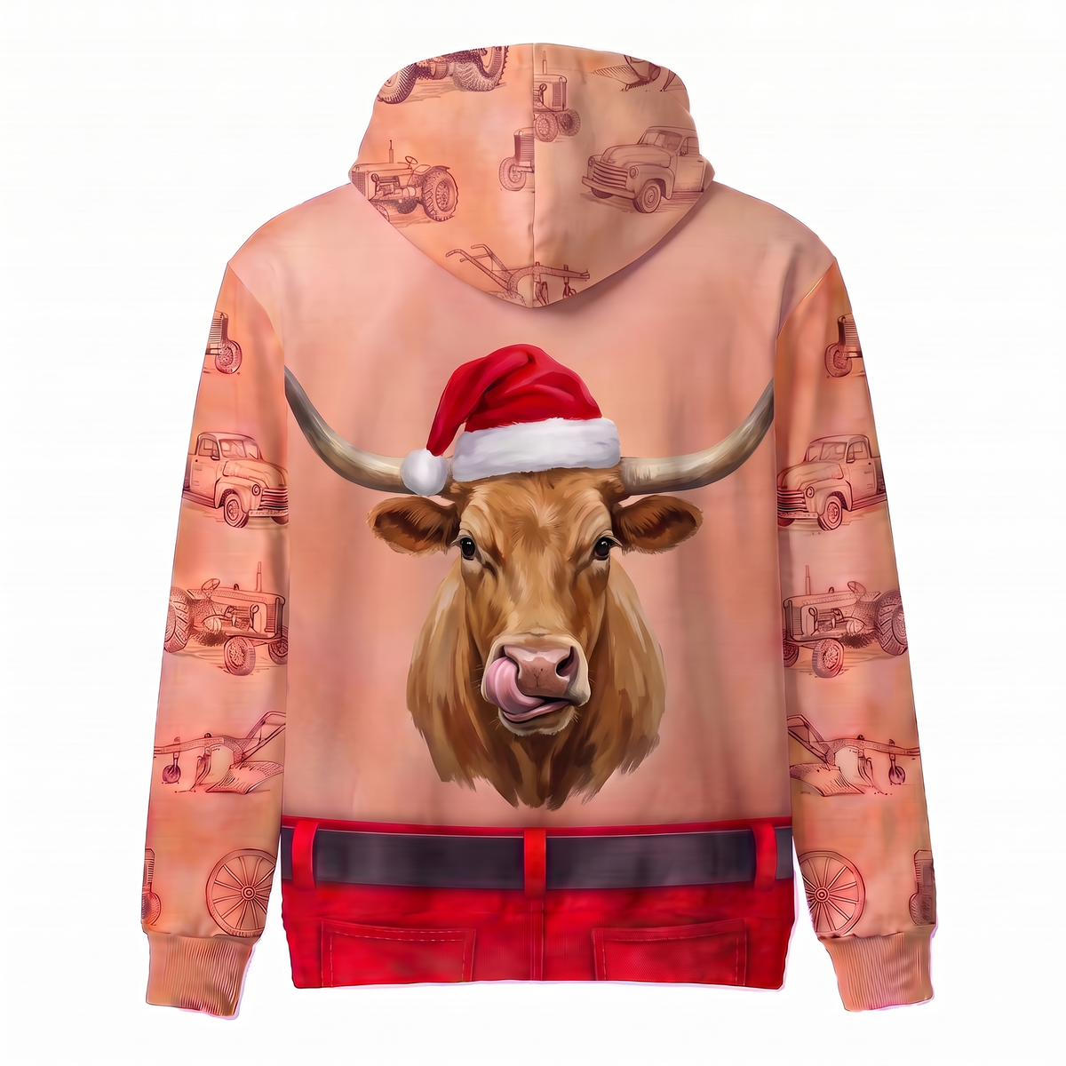 Funny Santa Texas Longhorn Hairy Belly Hoodie - Custom Name Cow Christmas Hoodie