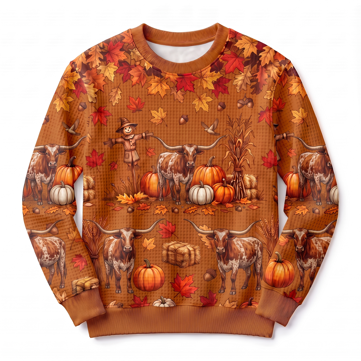 Texas Longhorn Harvest Waffle-Knit Crewneck Sweatshirt – Autumn Pumpkin Patch All-Over Print, Cattle Fall Sweater for Women