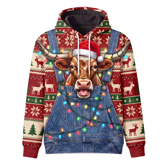 Funny Texas Longhorn Christmas Hoodie - Overalls Ugly Sweater Print