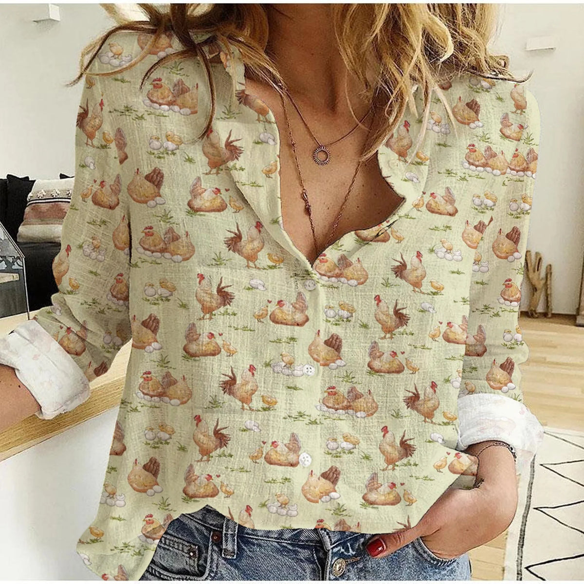 Women's Casual Shirt Chicken Family Print Button Up – Long Sleeve Sage Green Blouse