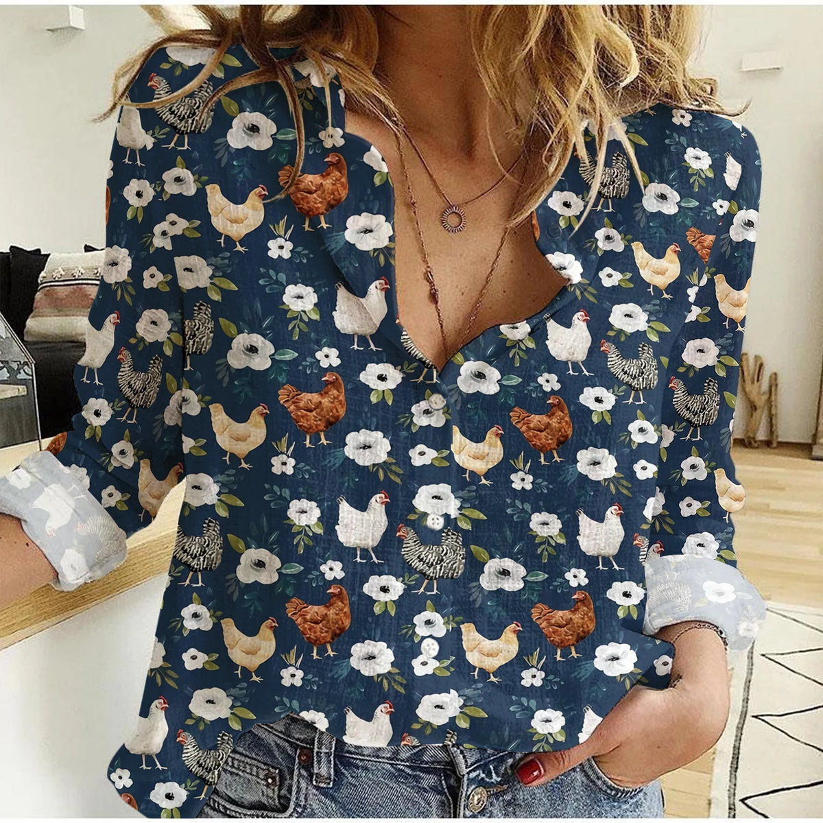 Women's Chicken Casual Shirt - Hen Navy Blue Floral Print Button Up Blouse Farmhouse Country Long Sleeve Top for Chicken Lover Mom