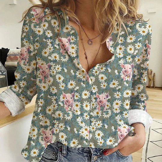 Women's Pig Shirt - Cute Piglet Daisy Floral Print Button Up Casual Blouse Farmhouse Country Long Sleeve Top for Pig Lover Mom