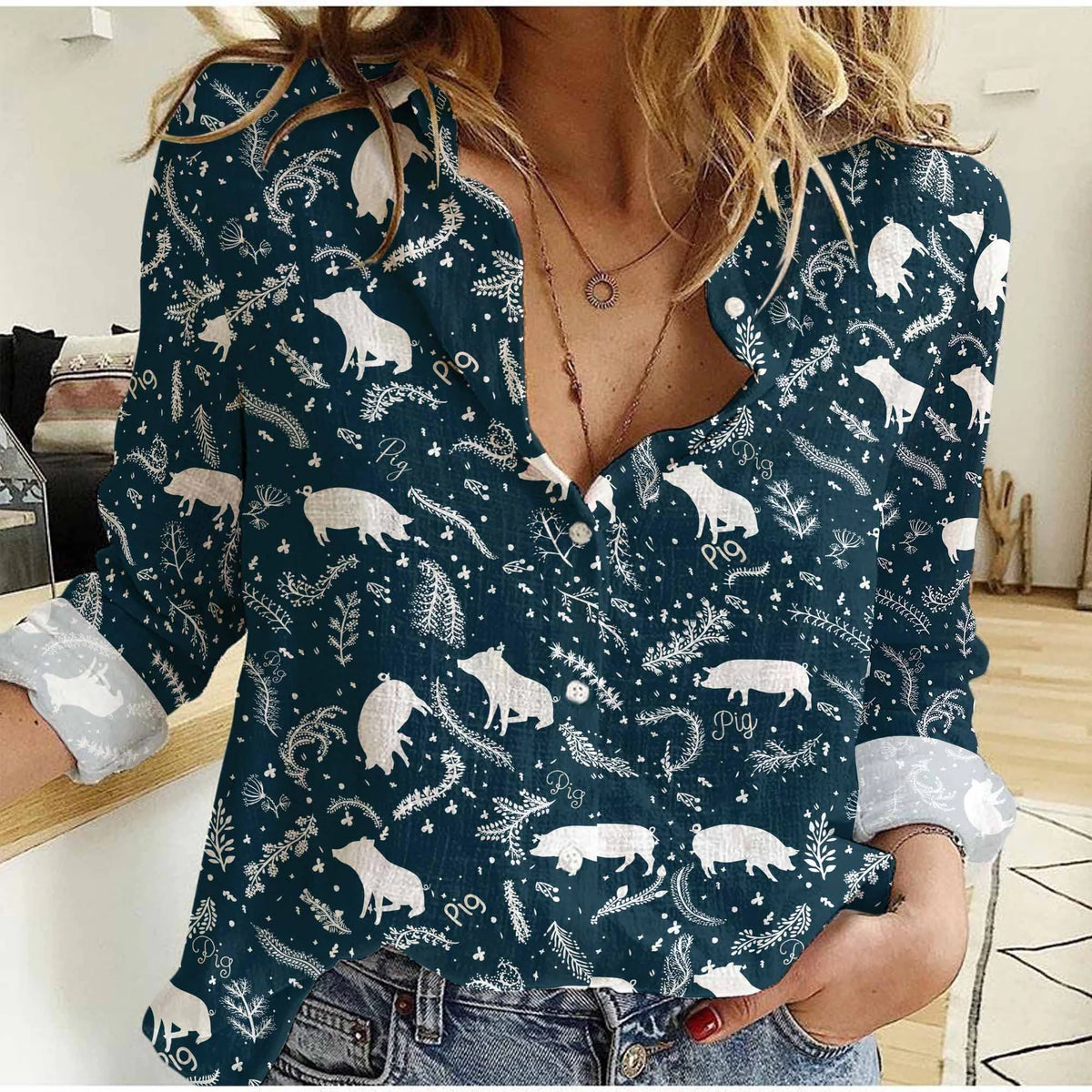 Pig Folk Art Women Casual Shirt — Teal Scandinavian Pig Silhouette Button  Down Shirt For Pig Lovers
