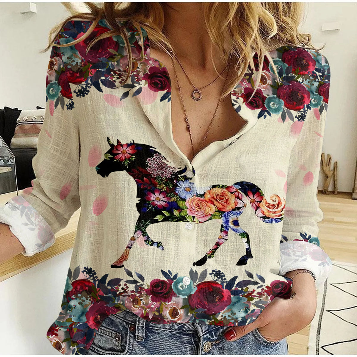 Women's Horse Shirt - Floral Horse Silhouette Print Button Up Casual Blouse Western Boho Long Sleeve Top for Horse Lover Equestrian