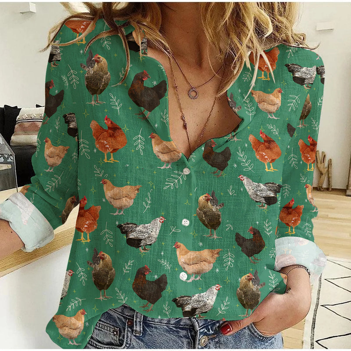 Women's Chicken Casual Shirt - Hen Green Leaf Print Button Up Blouse Farmhouse Country Long Sleeve Top for Backyard Chicken Lover Mom
