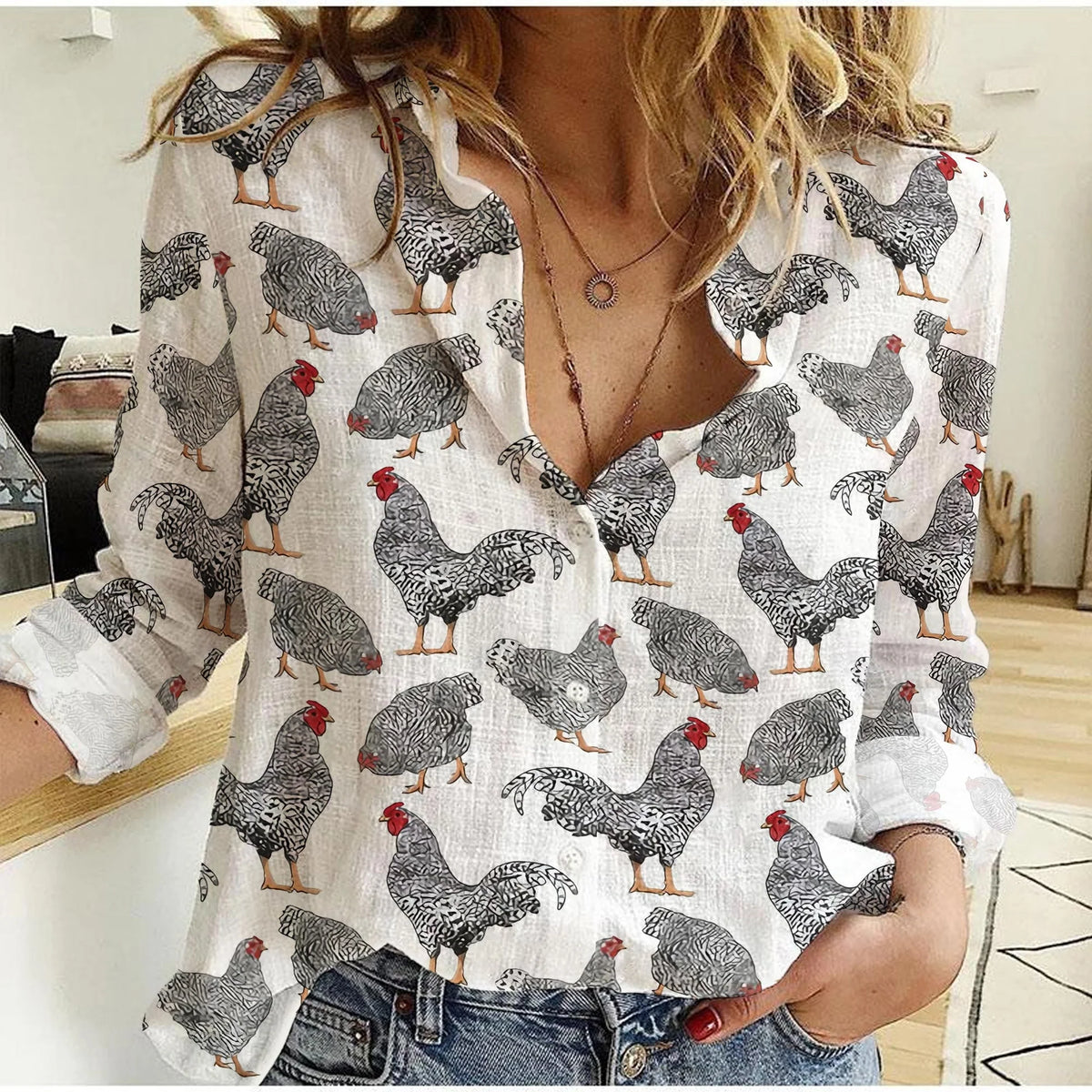 Women's Chicken Casual Shirt - Barred Rock Hen Rooster Print Button Up Blouse Farmhouse Country Long Sleeve Top for Backyard Chicken Lover