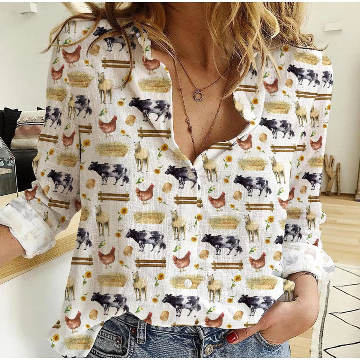 Women's Farm Animal Shirt - Cow Chicken Horse Sunflower Print Button Up Casual Blouse Farmhouse Country Long Sleeve Top for Farm Lover