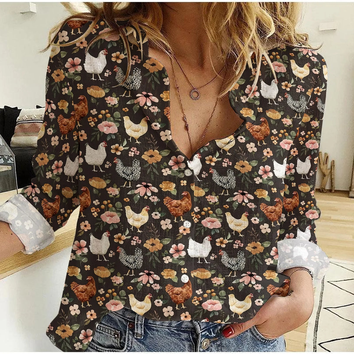 Women's Boho Chicken Floral Print Button Down Shirt | Realistic Hen Flower Dark Long Sleeve Casual Shirt