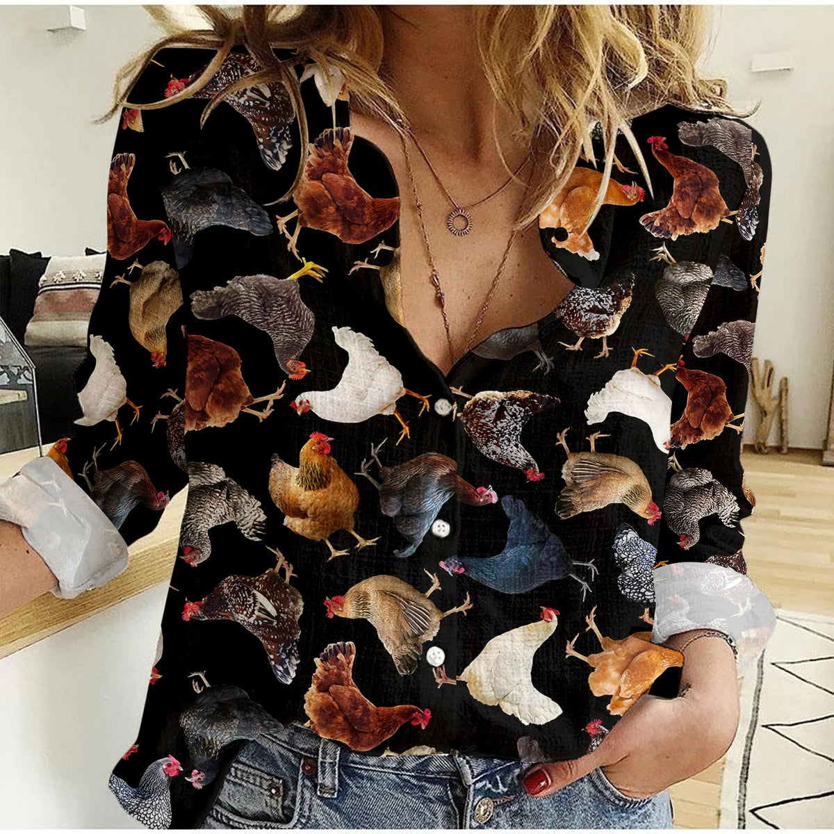 Women's Chicken Casual Shirt - Realistic Hen Breed Print Button Up Blouse Farmhouse Country Long Sleeve Top for Backyard Chicken Lover
