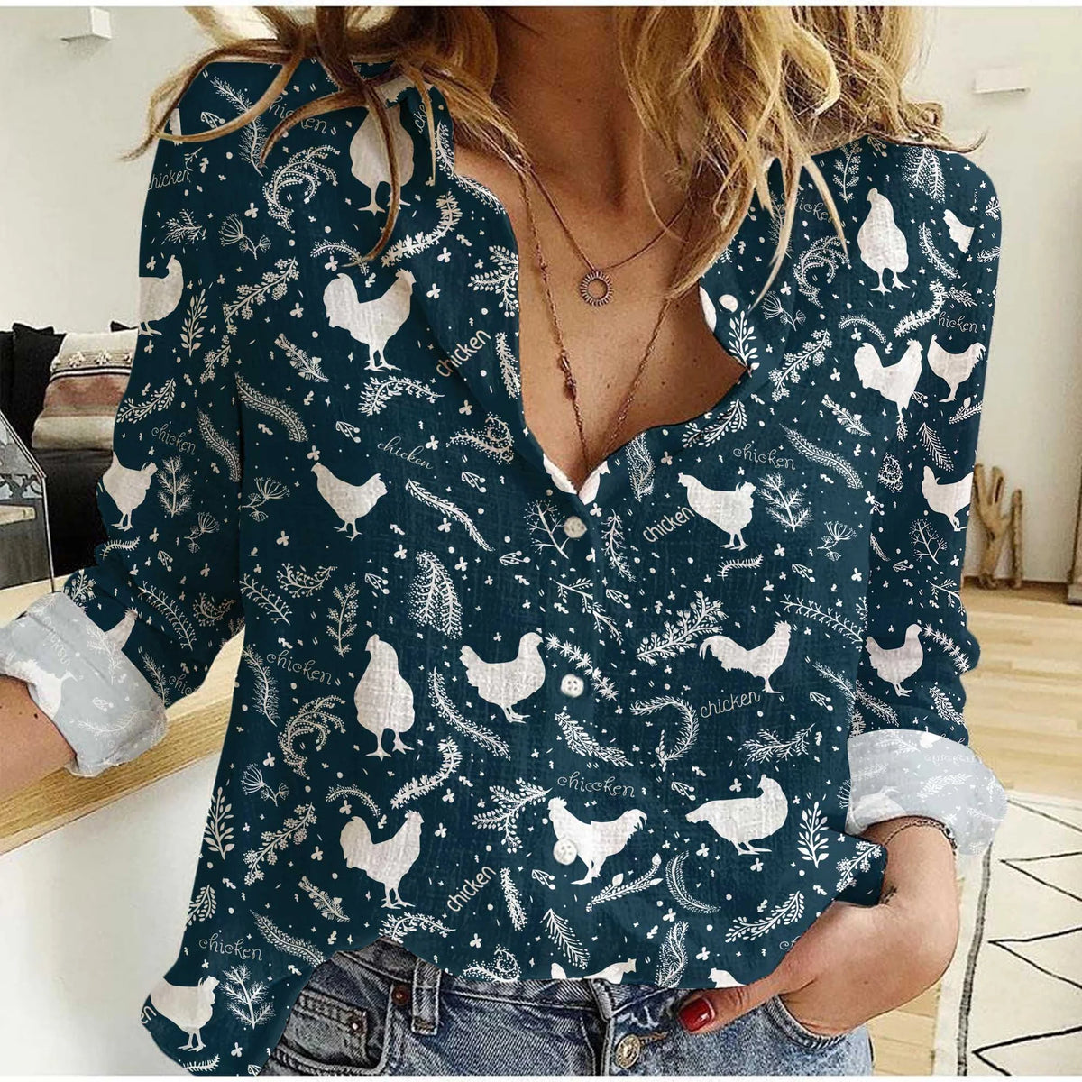 Women's Chicken Silhouette Teal Print Button Down Shirt | White Hen Botanical Folk Art Long Sleeve Casual Shirt