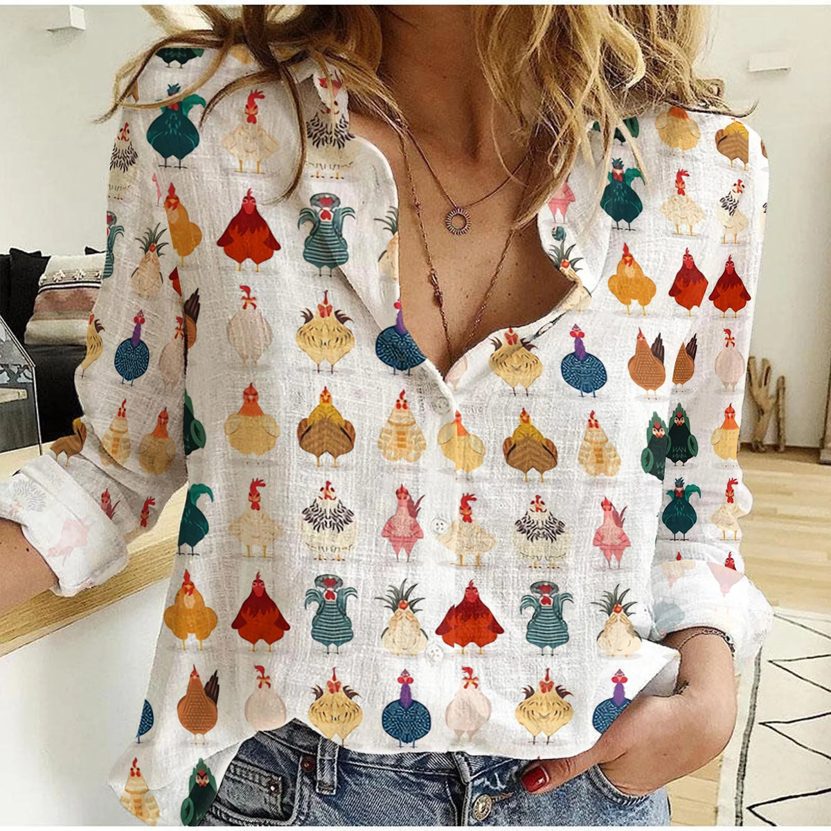 Women's Chicken Shirt - Colorful Rooster Hen Print Button Up Casual Blouse Farmhouse Country Long Sleeve Top for Chicken Lover Mom