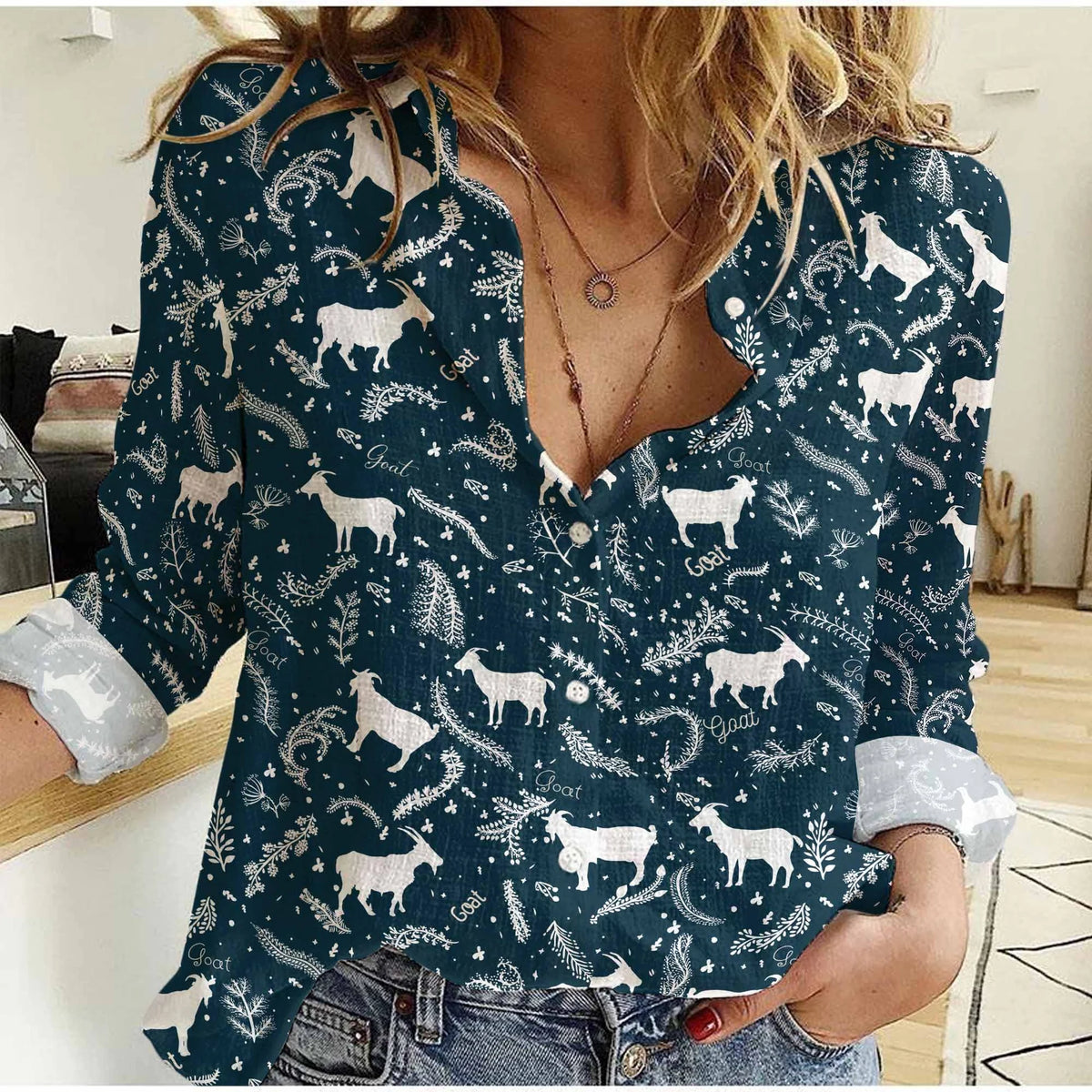 Goat Folk Art Women Casual Shirt — Teal Scandinavian Goat Silhouette Button  Down Shirt For Goat Lovers