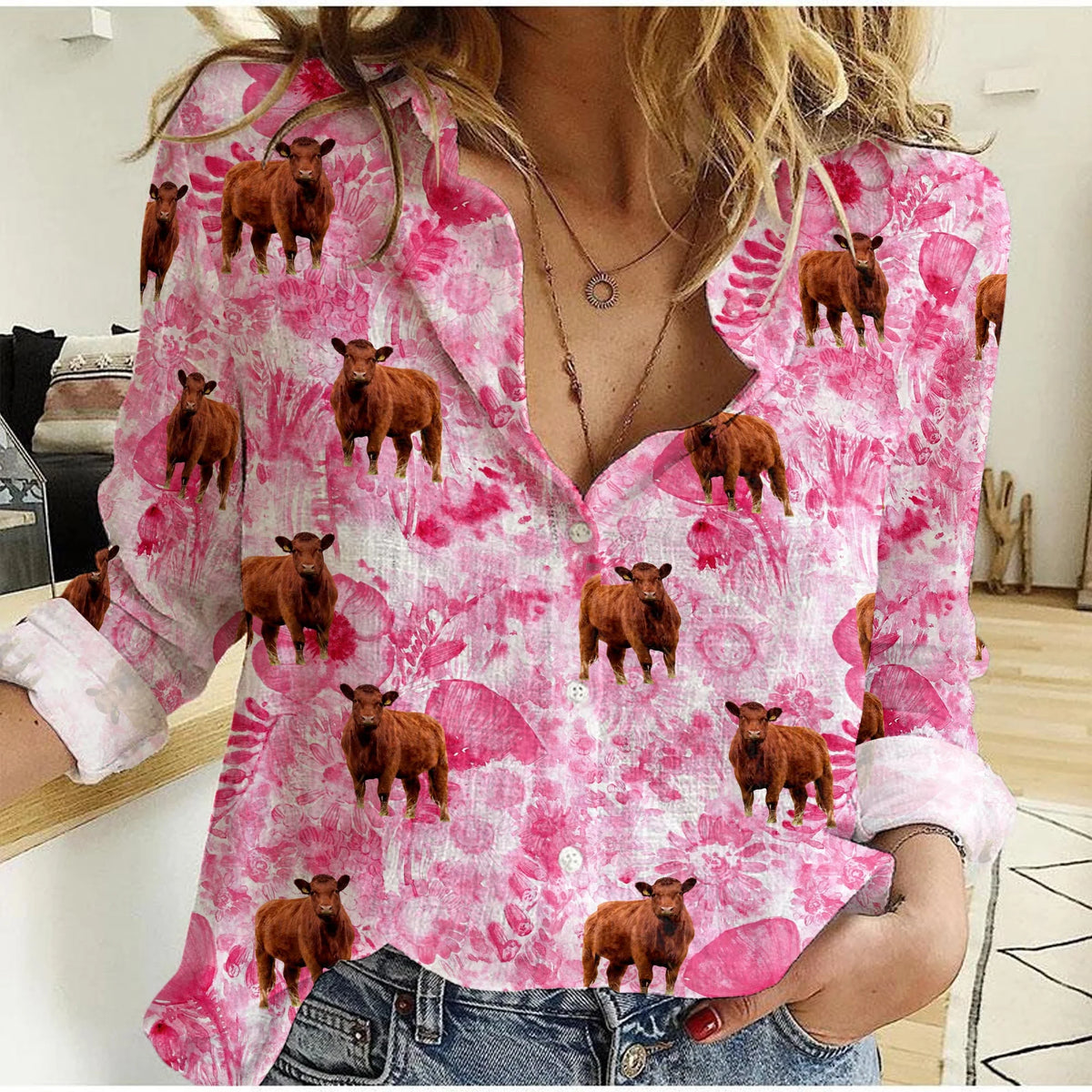 Women's Cow Shirt - Red Angus Pink Floral Print Button Up Casual Blouse Farmhouse Western Long Sleeve Top for Cattle Lover Mom