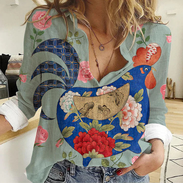 Rooster Floral Art Women's Casual Shirt — Japanese Botanical Rooster All-Over Print Mint