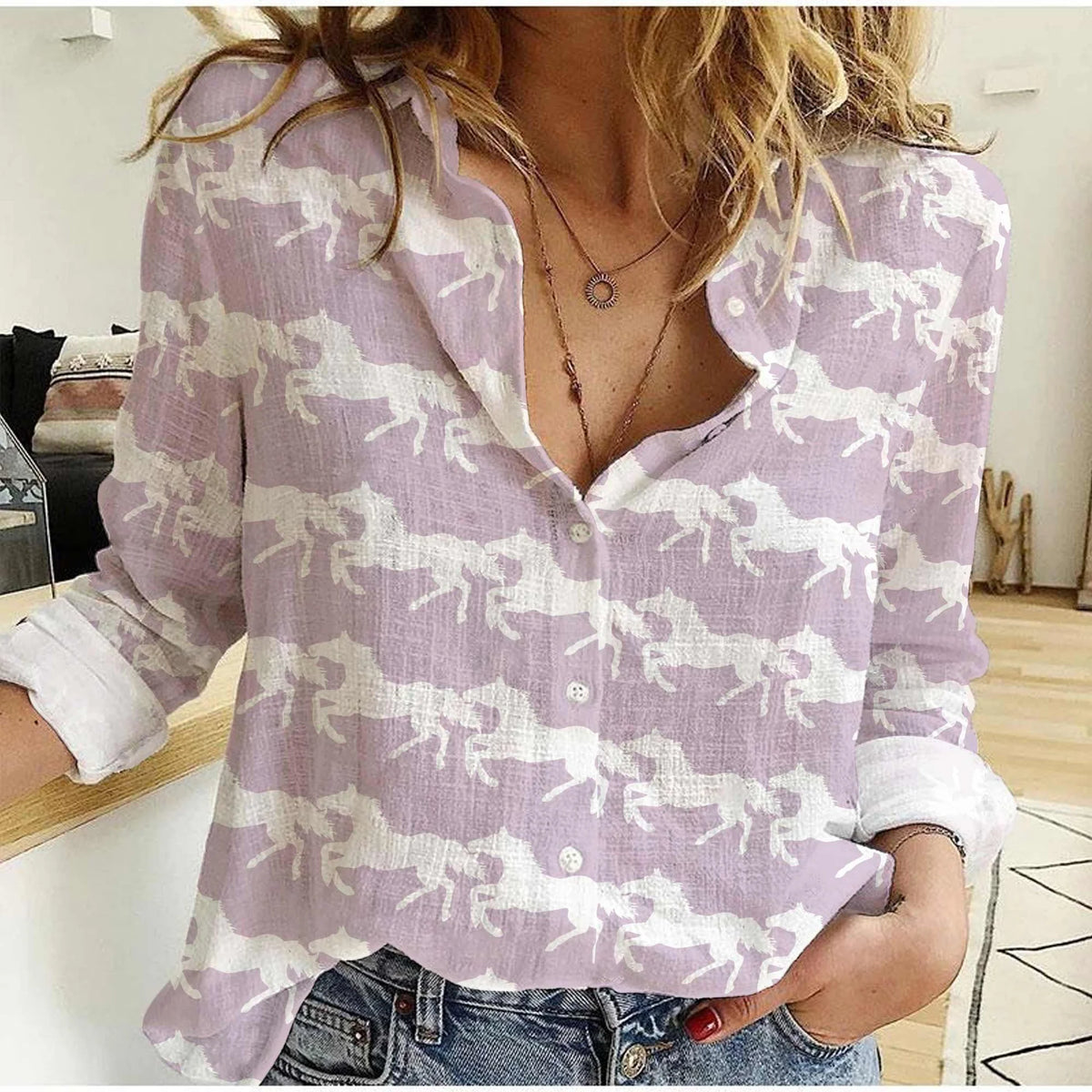 Women's Casual Shirt Horse Print Button Up – Long Sleeve Lavender Blouse