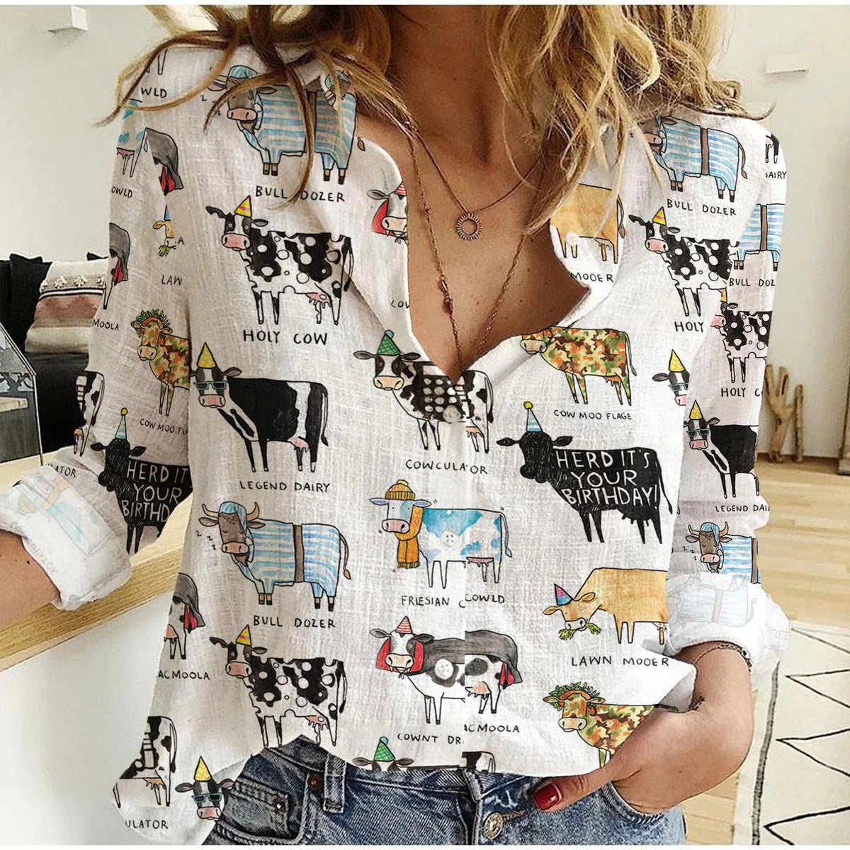 Funny Cow Puns Women's Casual Shirt — Holy Cow Birthday Humor All-Over Print White