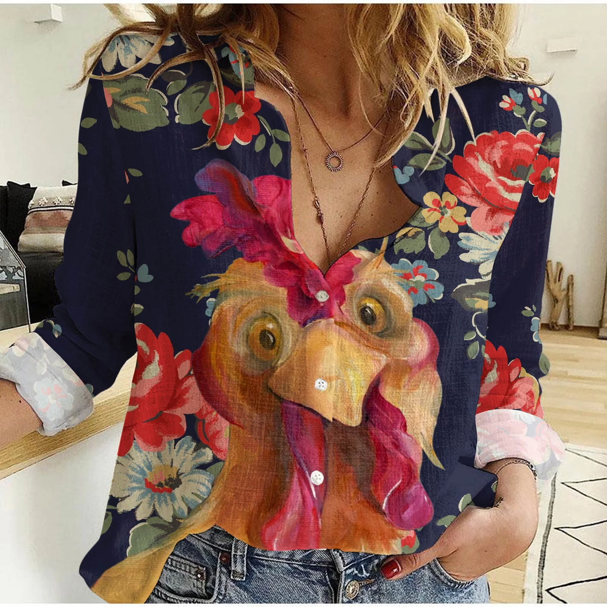 Women's Chicken Casual Shirt - Funny Chicken Face Floral Art Print Blouse Farmhouse Country Long Sleeve Top for Chicken Lover Mom