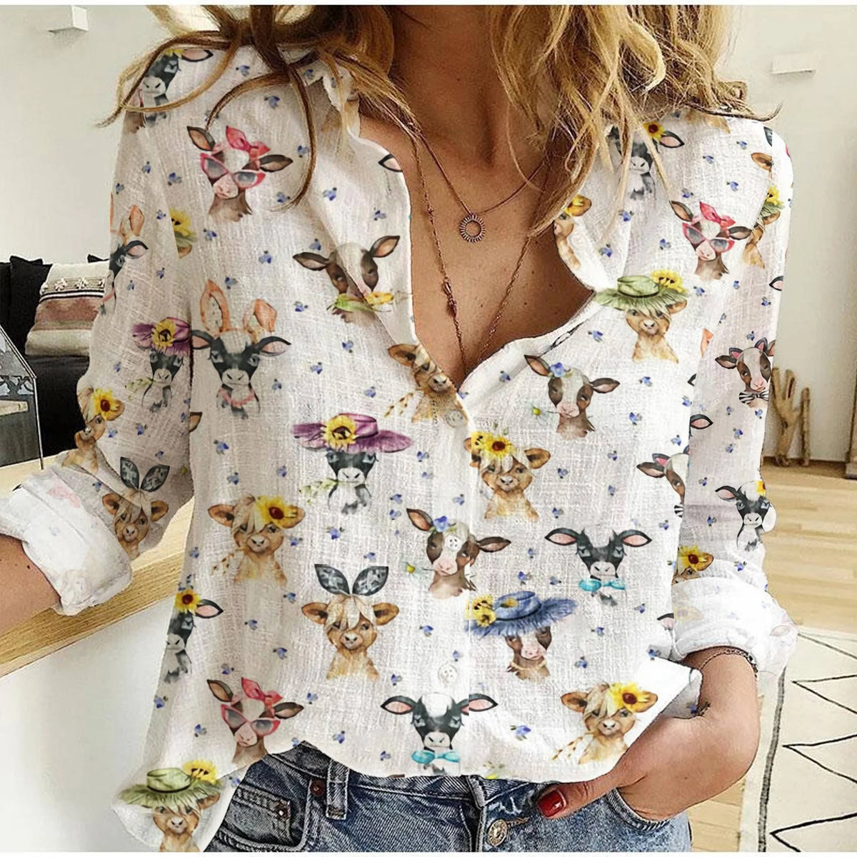 Women's Cute Goat Cow Print Button Down Shirt | Funny Farm Animal Sunflower Long Sleeve Casual Shirt