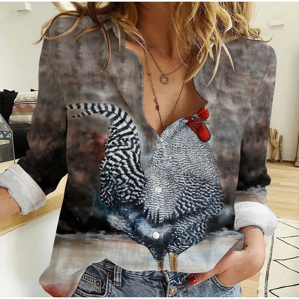 Women's Chicken Casual Shirt - Barred Rock Rooster Art Print Blouse Farmhouse Country Long Sleeve Top for Chicken Lover Rooster Fan