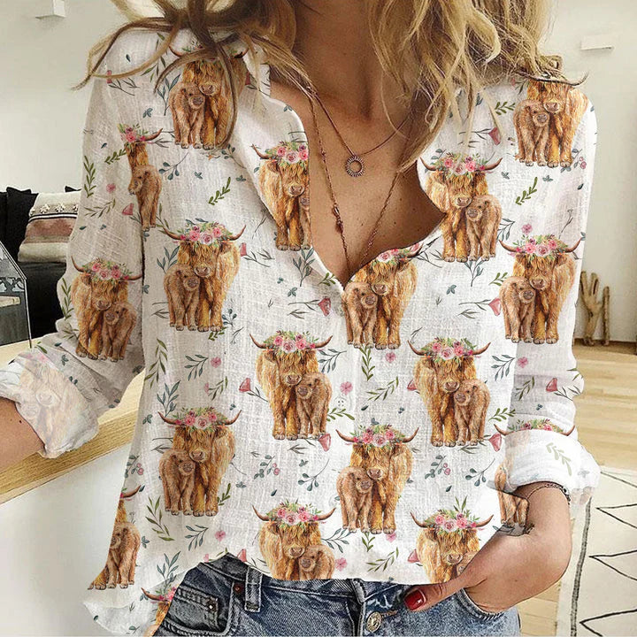 Highland Cow Mom & Baby Women's Casual Shirt — Floral Highland Cow All-Over Print White