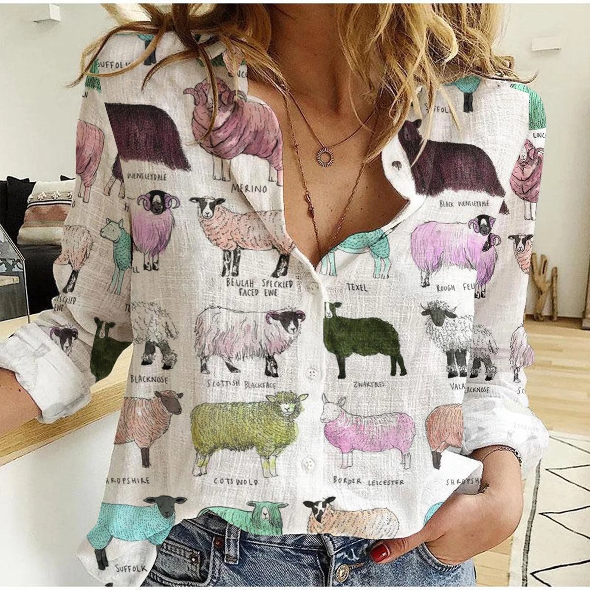 Sheep Breed Chart Women's Casual Shirt — Colorful Wool Sheep All-Over Print White