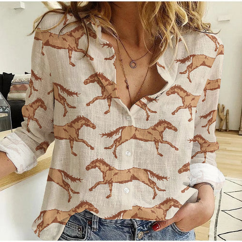 Women's Casual Shirt Running Horse Print Button Up – Long Sleeve Cream Blouse