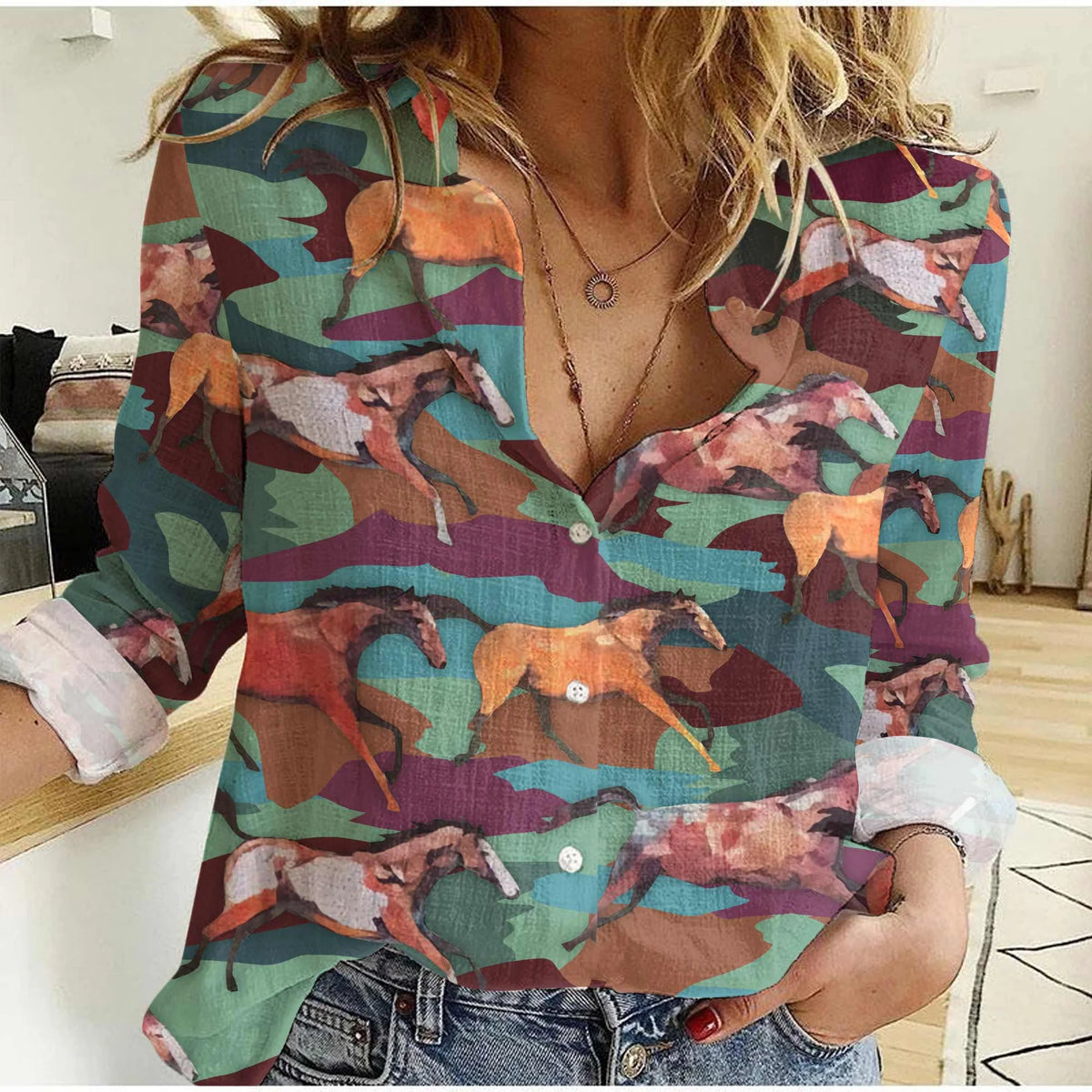 Women's Casual Shirt Watercolor Horse Print Button Up – Long Sleeve Teal Blouse