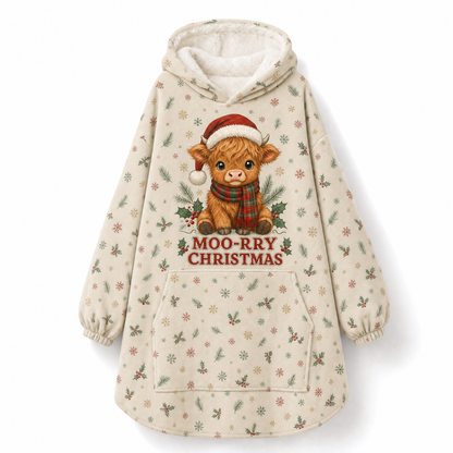 Moo-rry Christmas Highland Cow Hoodie Blanket – Adult & Kids