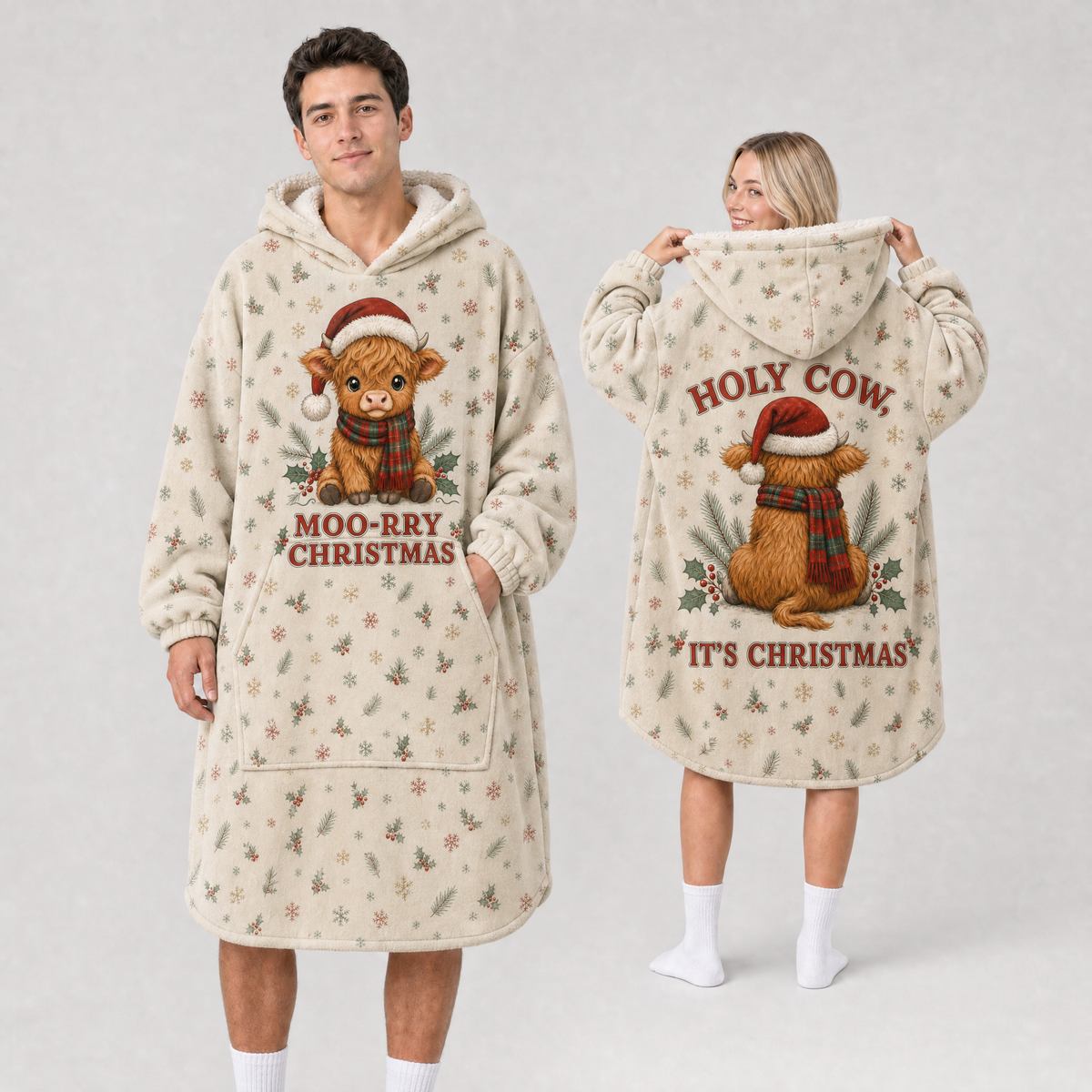 Moo-rry Christmas Highland Cow Hoodie Blanket – Adult & Kids