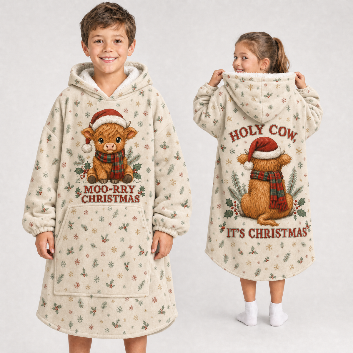 Moo-rry Christmas Highland Cow Hoodie Blanket – Adult & Kids