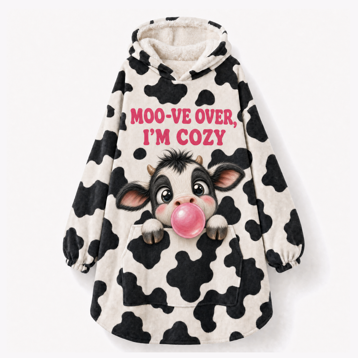 Cow Print Hoodie Blanket – Moo-ve Over I'm Cozy Bubble Gum Cow, Adult & Kids