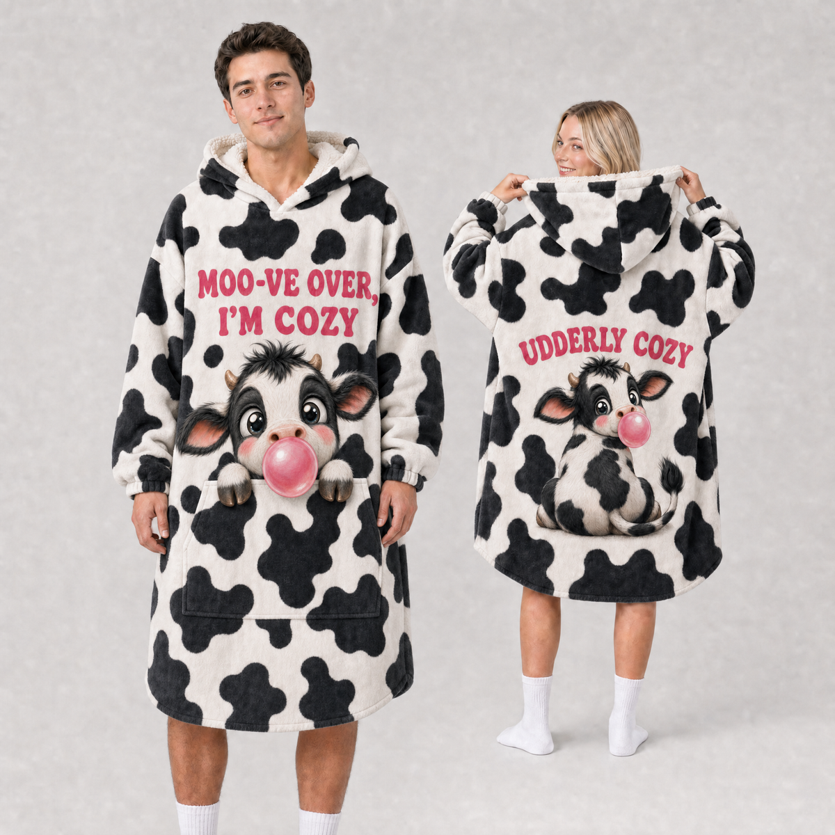 Cow Print Hoodie Blanket – Moo-ve Over I'm Cozy Bubble Gum Cow, Adult & Kids