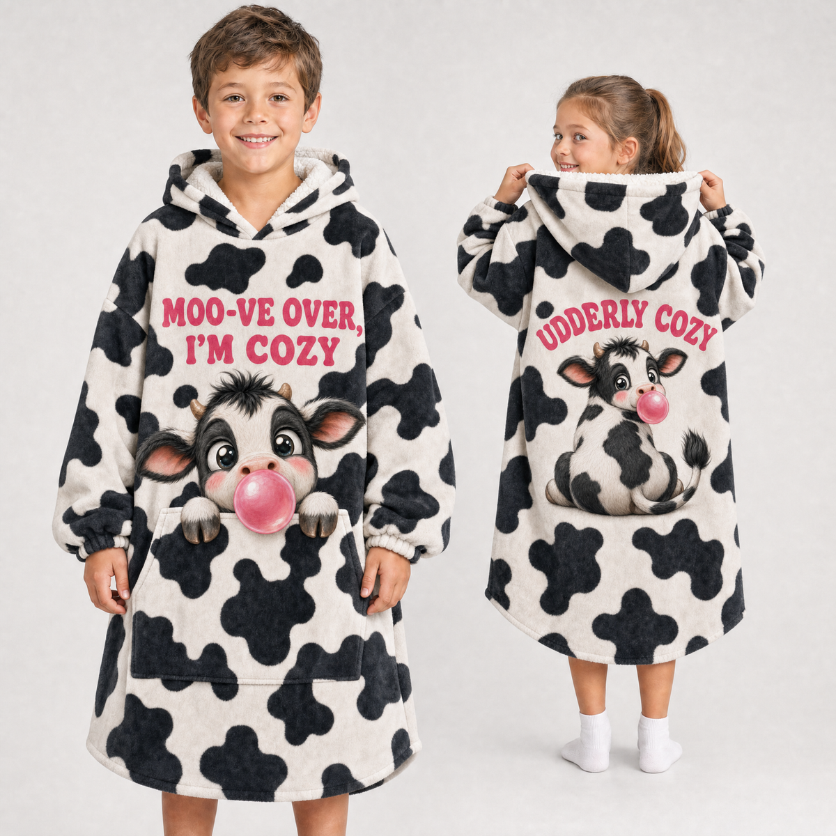 Cow Print Hoodie Blanket – Moo-ve Over I'm Cozy Bubble Gum Cow, Adult & Kids